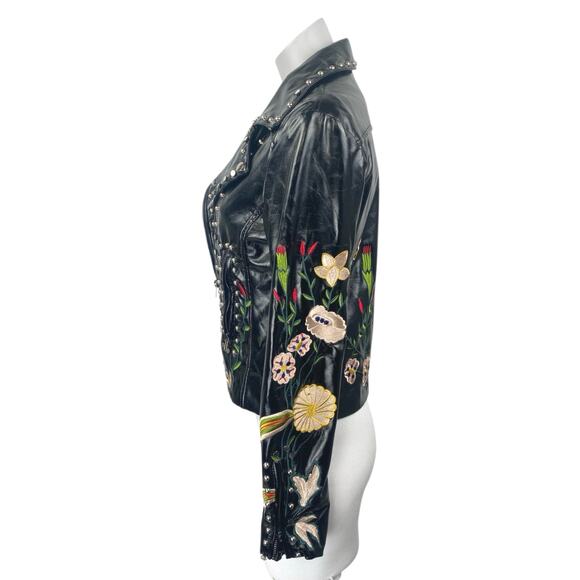 Elli White Black Faux Leather Floral Embroidered Studded Moto Biker Jacket Sz S - Picture 2 of 8